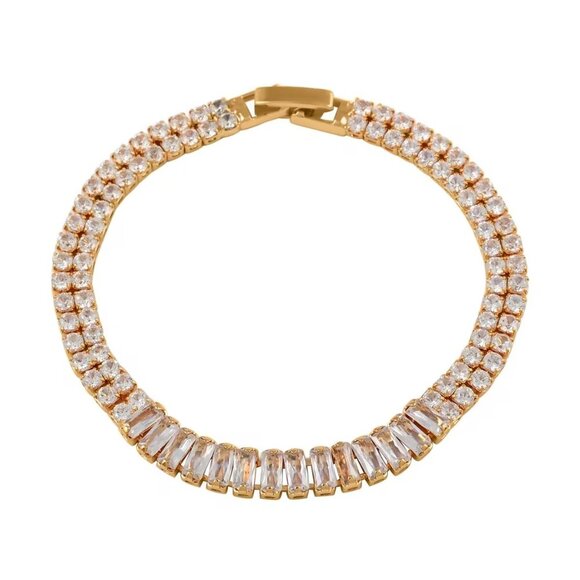 Jewelry - Fancy Simulated Diamond Bracelet in Goldtone and 7 Inches Length